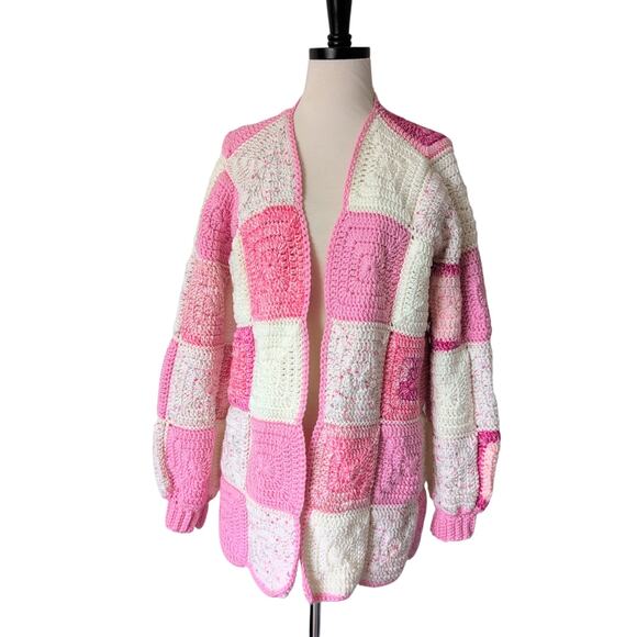 Handmade Crochet Granny Square Knit Cardigan Pink & White Patchwork OS L XL - Picture 1 of 10